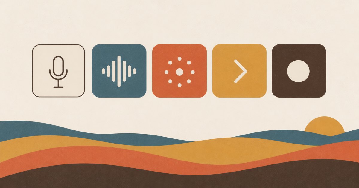 Illustration of five app tiles in a row, the leftmost drawn plainer than the four beside it