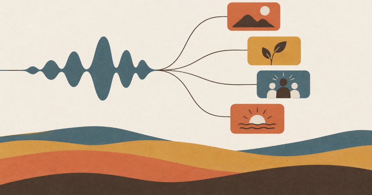 Illustration of a sound wave flowing rightward and fanning out into four separate cards that sit apart with gaps between them