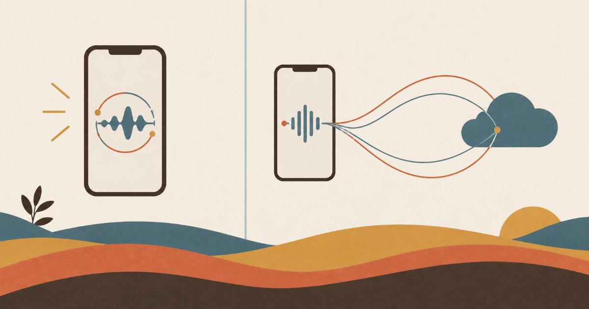 Illustration of two phones either side of a dividing line, one with a sound wave looping inside it and one sending a wave out to a cloud and back